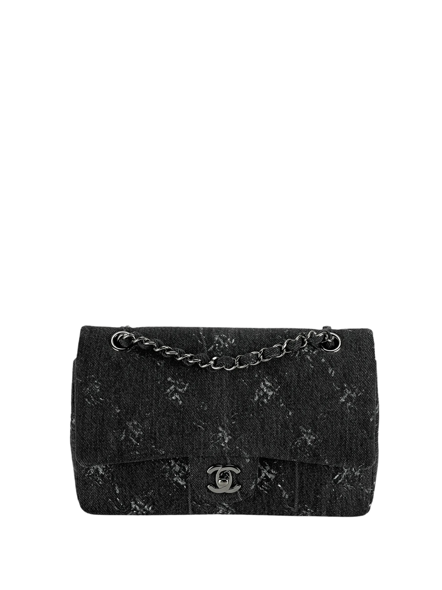 CHANEL - Medium Classic Double Flap Bag Black Denim Sliver Hardware (CF25)