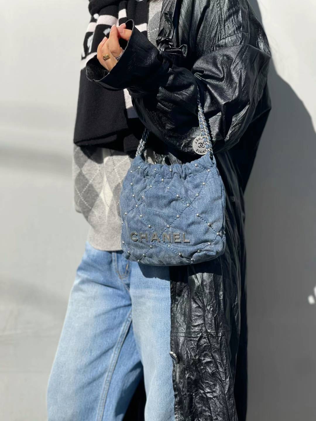 CHANEL - Mini 22 Bag Blue Quilted Studded Denim Brushed Silver Hardware