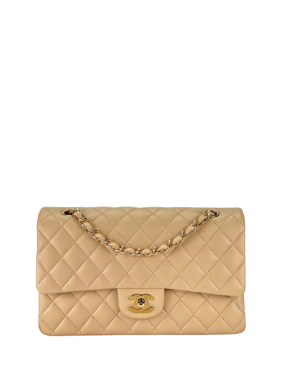 CHANEL - Medium Classic Double Flap Bag Beige Lambskin Gold Hardware (CF25) 
