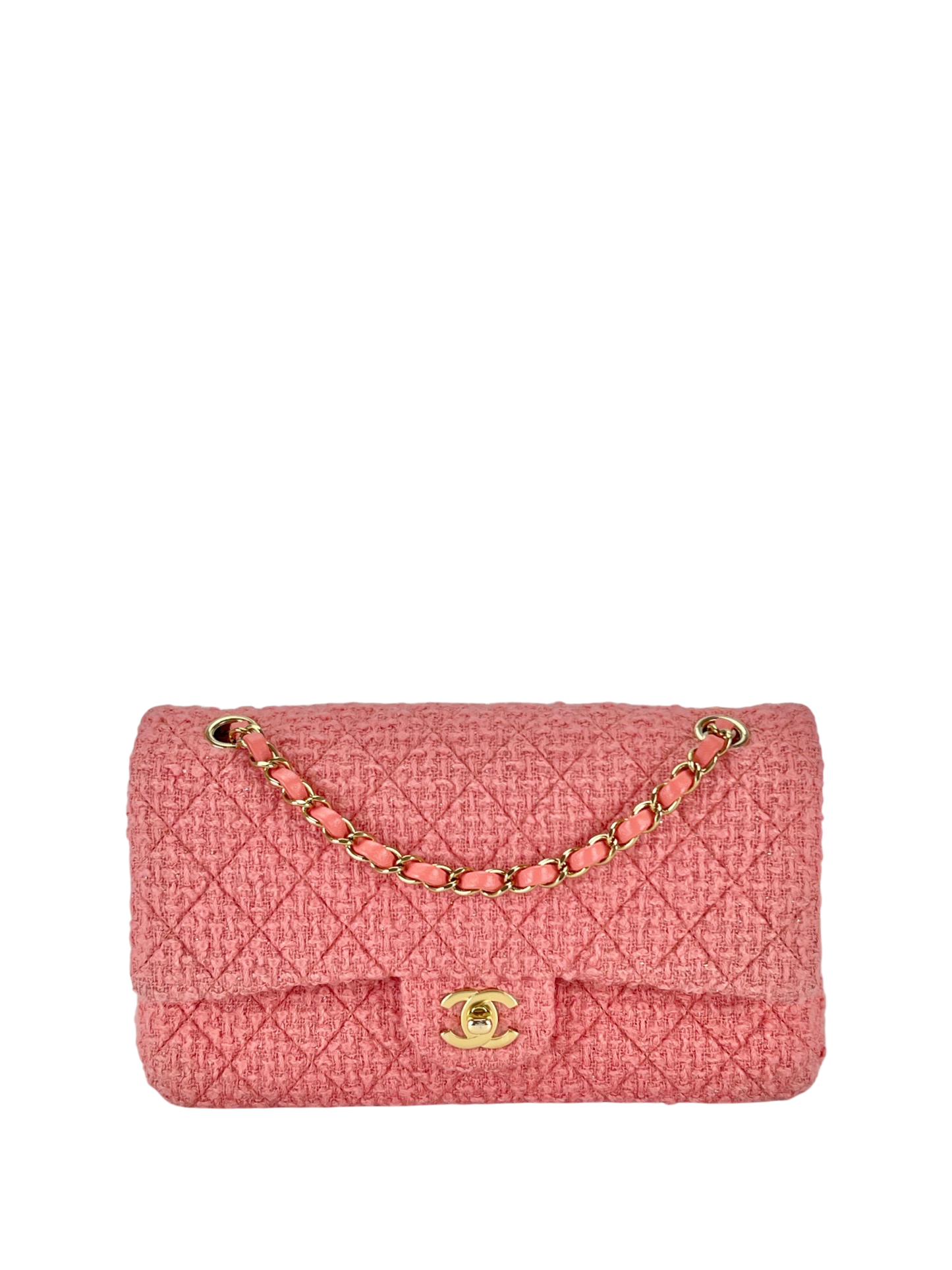 CHANEL - Medium Classic Double Flap Bag Pink Tweed Gold Hardware (CF25)