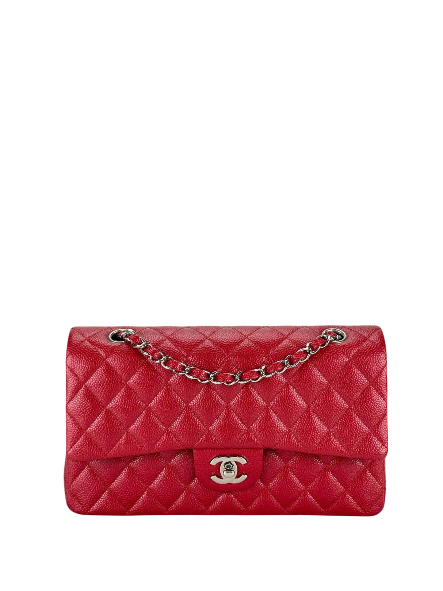 CHANEL - Medium Classic Double Flap Bag Shine Red Caviar Sliver Hardware (CF25)