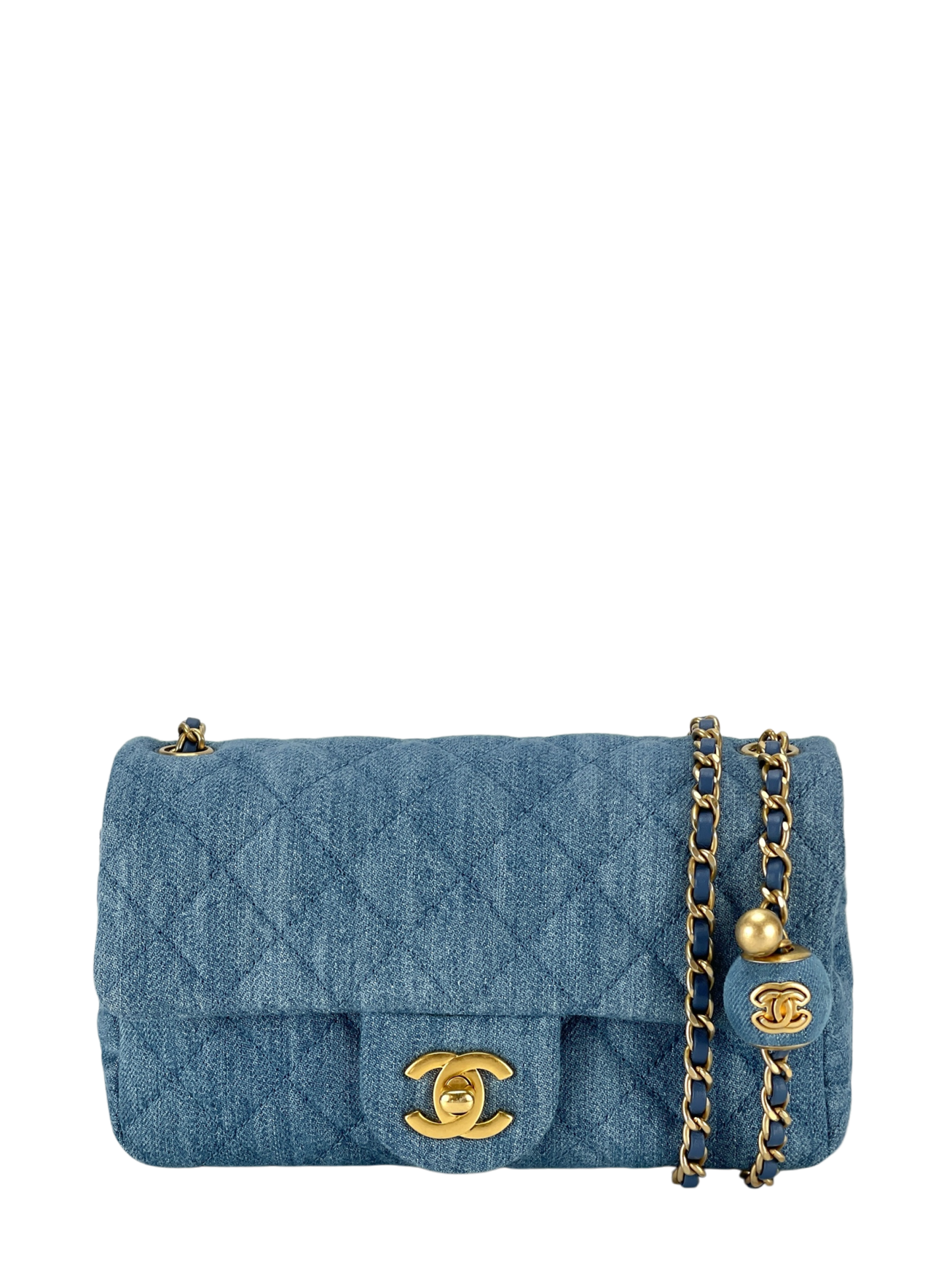 CHANEL - Quilted Mini Denim Rectangular Flap Blue Gold Ball