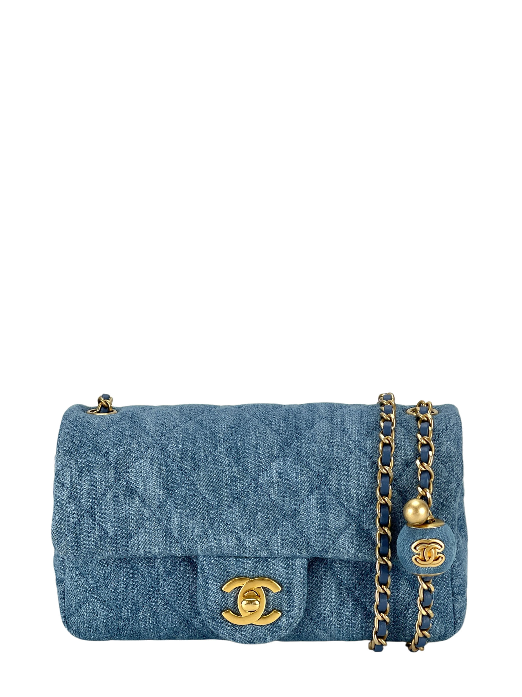 CHANEL - Quilted Mini Denim Rectangular Flap Blue Gold Ball