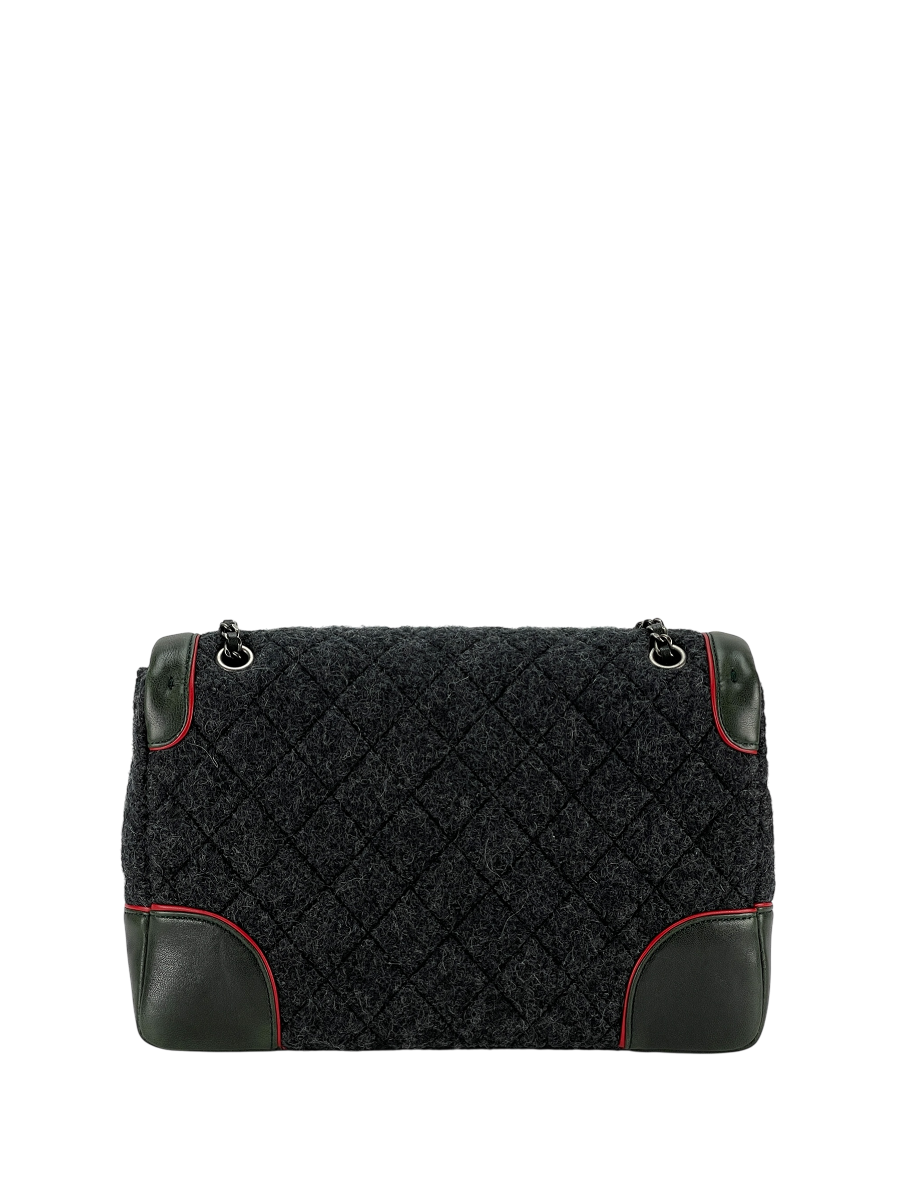 CHANEL - Green Grey Wool Leather Medium Classic Double Flap Bag (CF25)