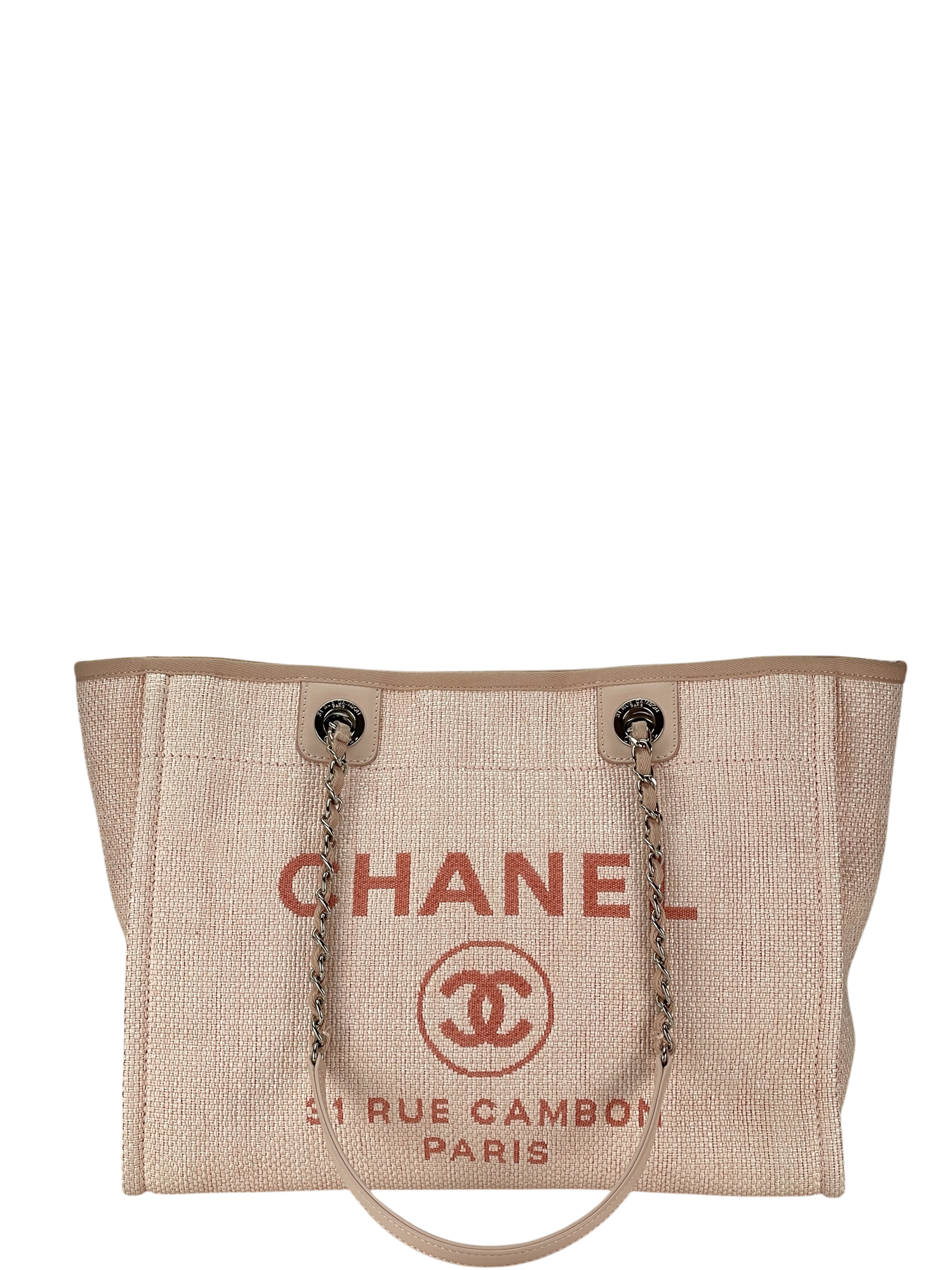 CHANEL - Pink Straw Raffia Deauville MM Tote Bag Gold Hardware