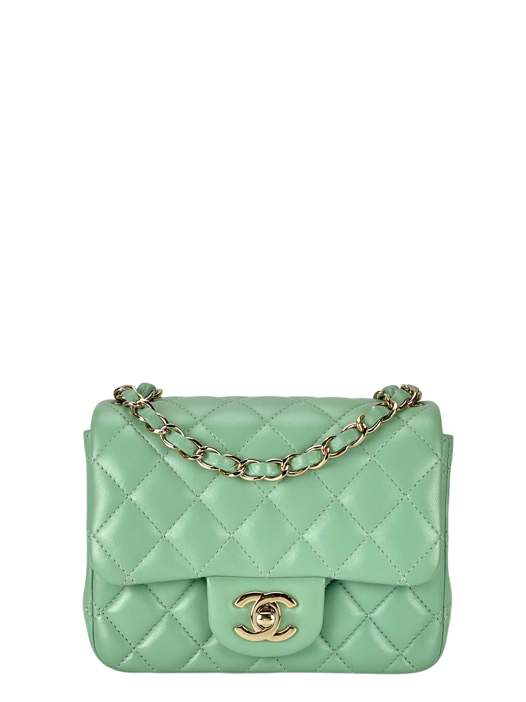 CHANEL - Light Green Calfskin Mini Classic Square Flap Shoulder Bag 17