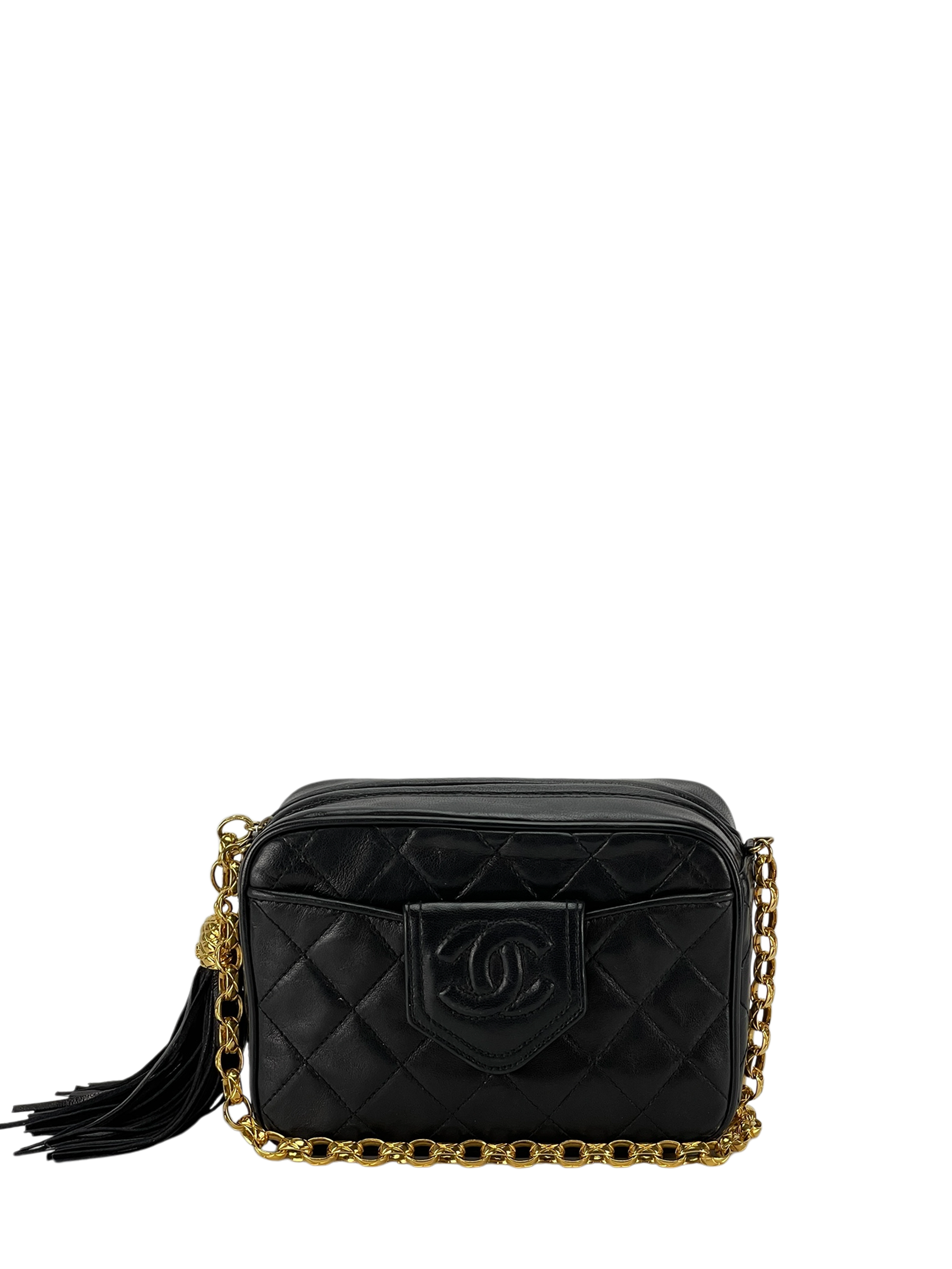 CHANEL - Black Lambskin Tassel Mini Chain Shoulder Camera Bag 