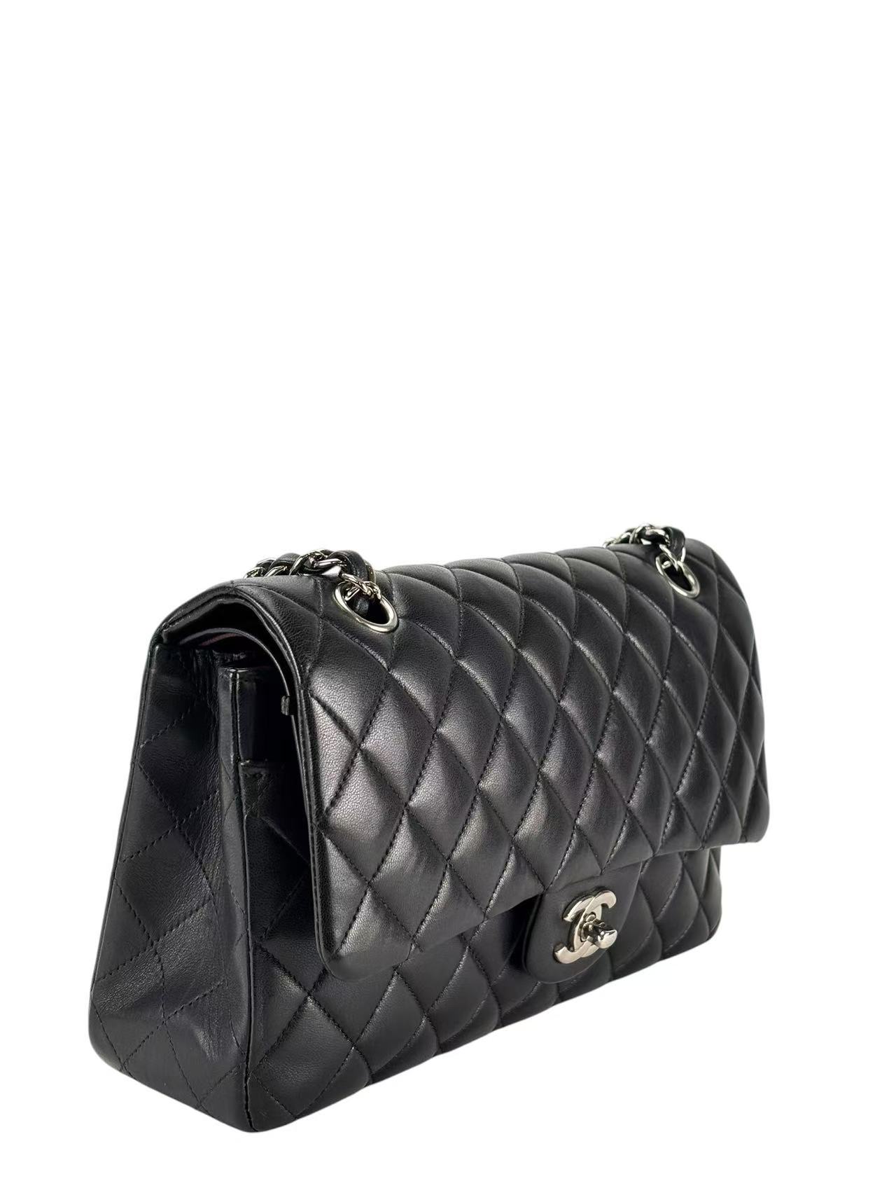 CHANEL - Medium Classic Double Flap Bag Black Lambskin Sliver Hardware (CF25) 