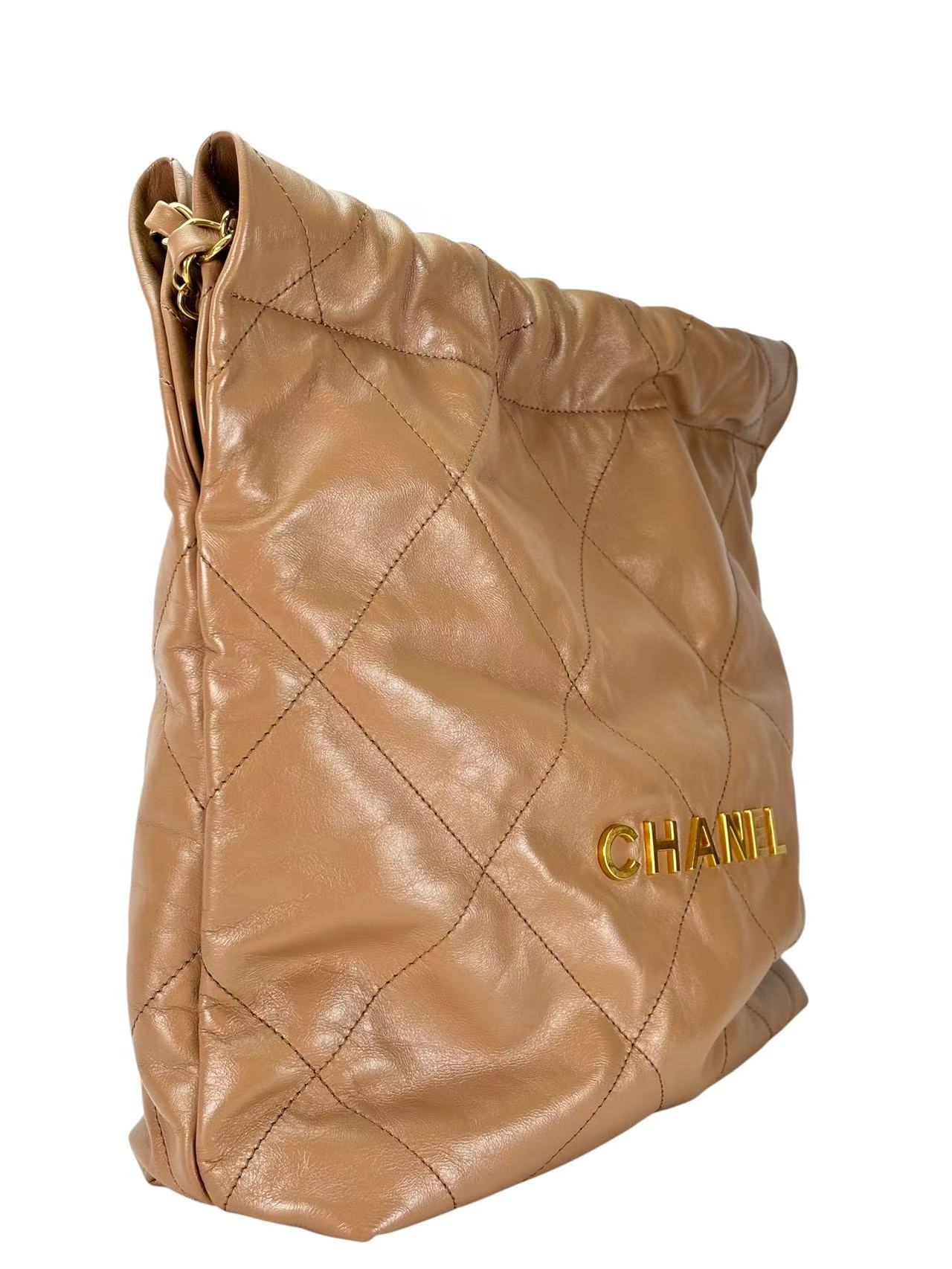 CHANEL - 22 Bag Dark Beige Calfskin Gold Hardware Small 