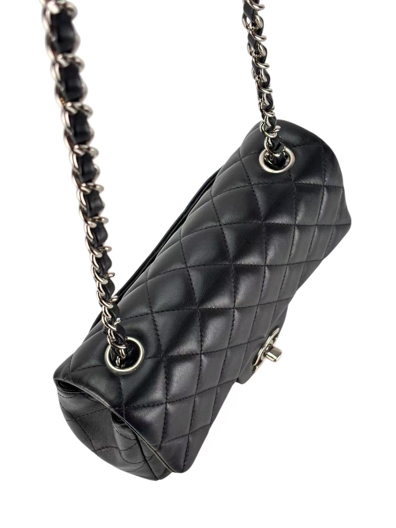 CHANEL - Black Lambskin Mini Classic Flap Bag Silver Hardware