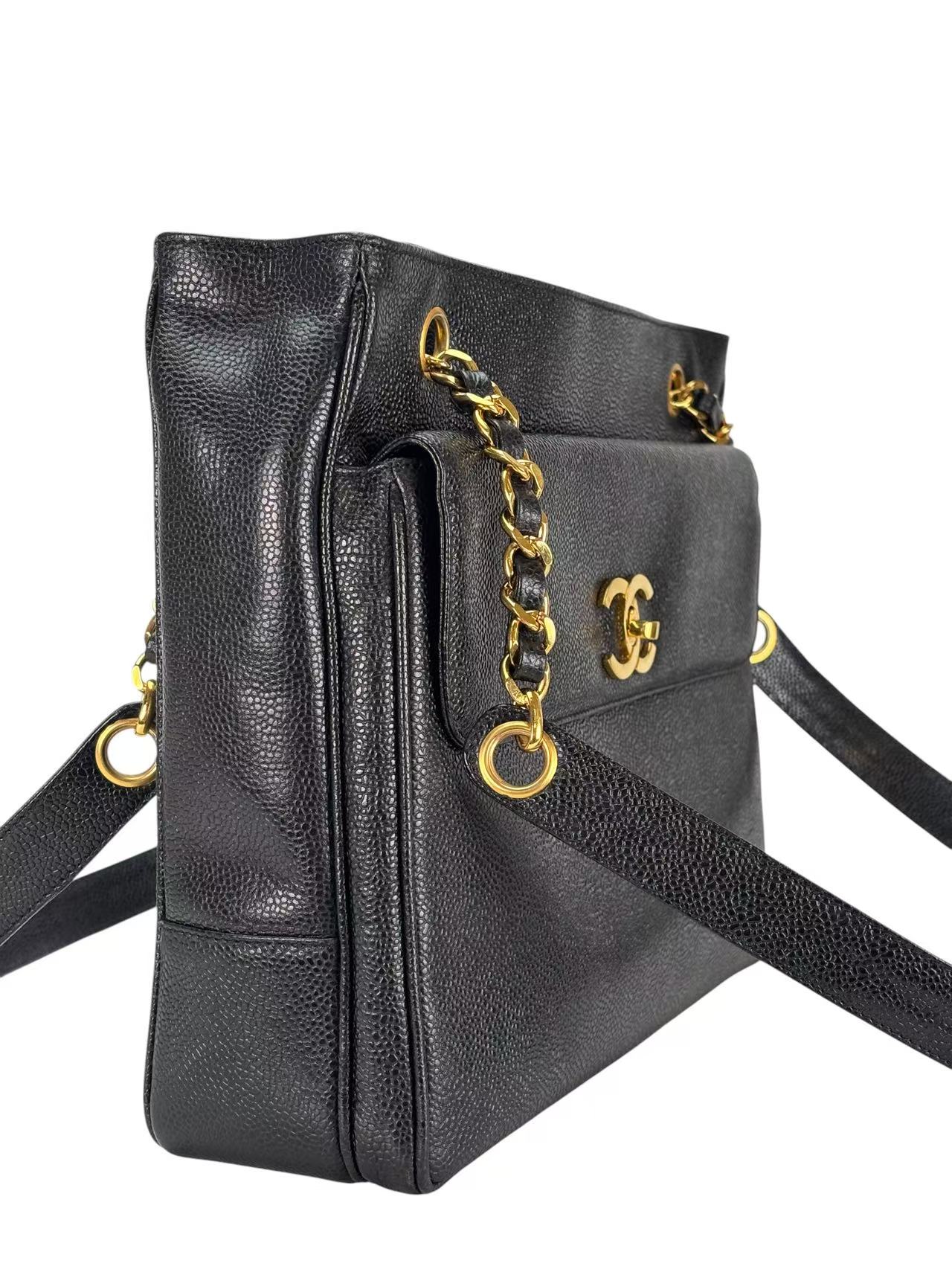 CHANEL - CC Logo Turn Lock Tote Black Caviar