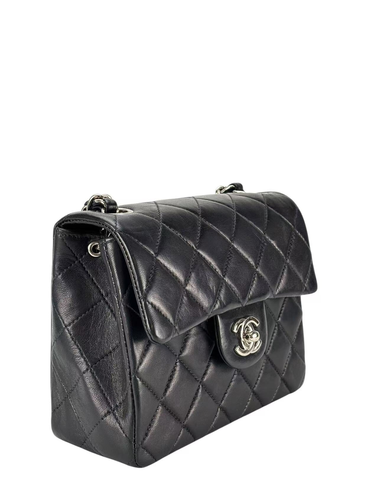 CHANEL - Mini Flap Bag  Black Lambskin Silver Hardware