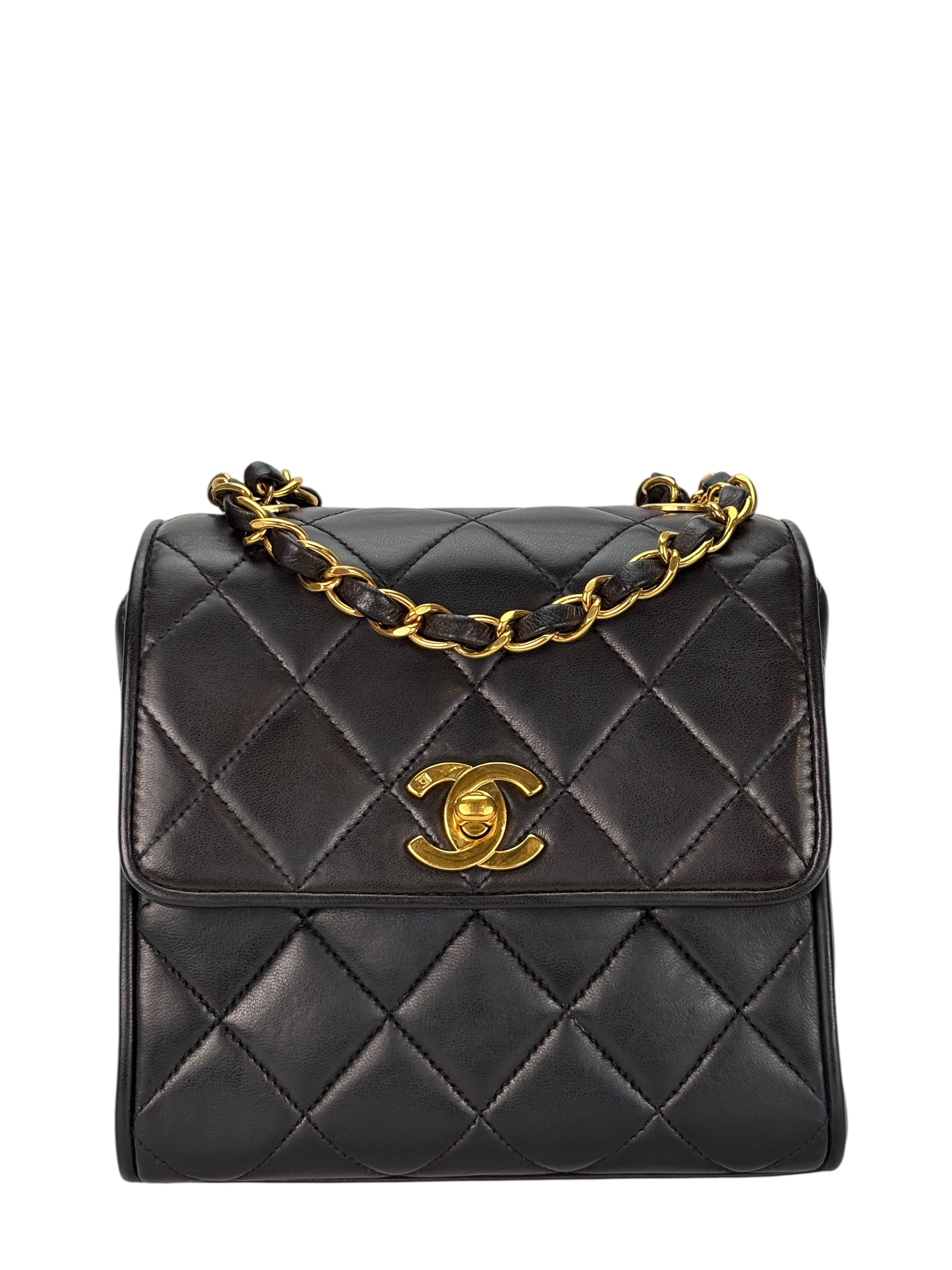 CHANEL - Black Calfskin Mini Box Chain Bag Gold Hardware