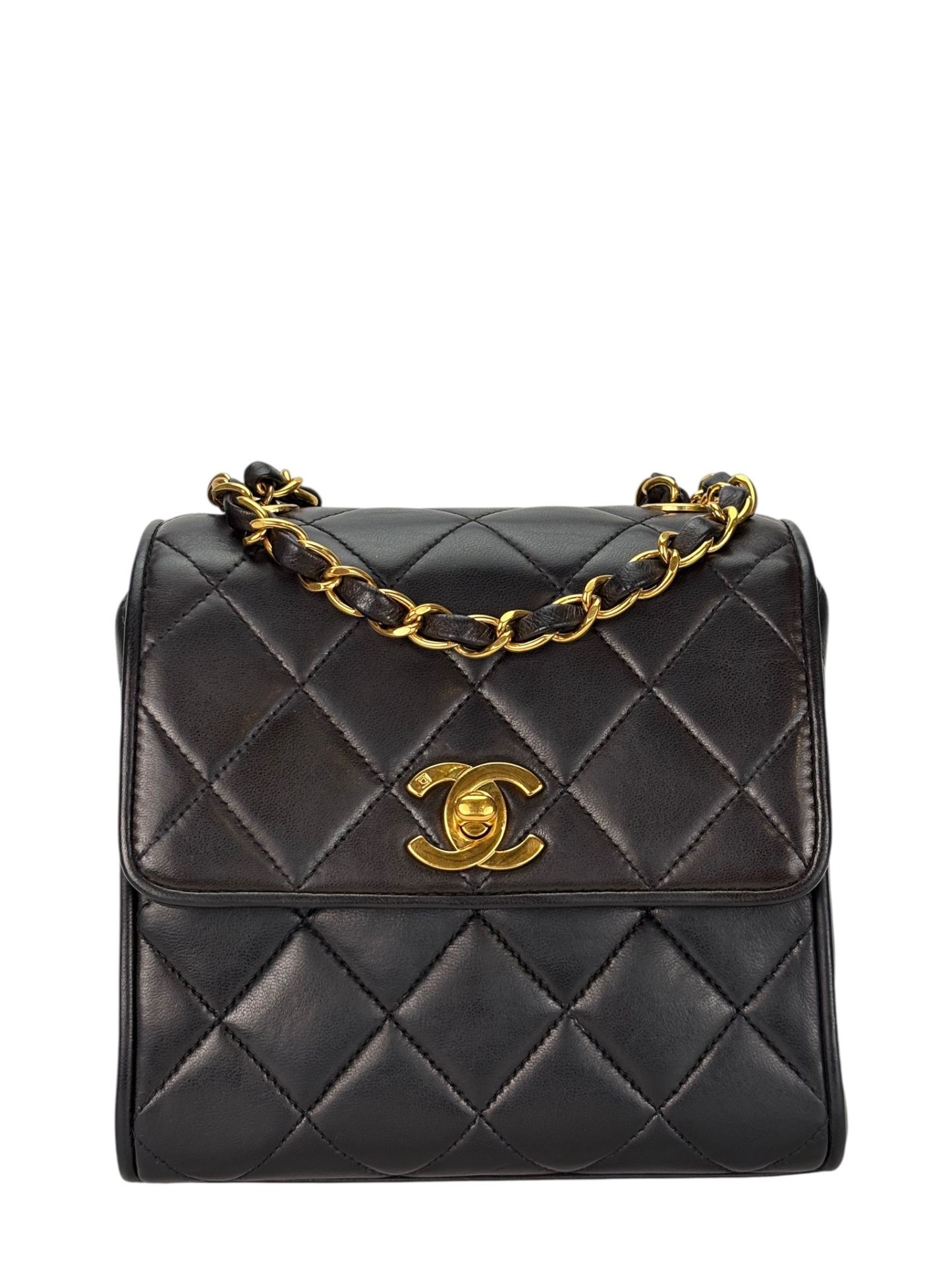 CHANEL - Black Calfskin Mini Box Chain Bag Gold Hardware