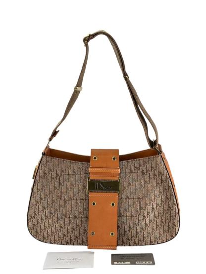 CHRISTIAN DIOR - Beige Canvas Trotter Pattern Street Chic Shoulder Bag
