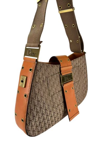CHRISTIAN DIOR - Beige Canvas Trotter Pattern Street Chic Shoulder Bag