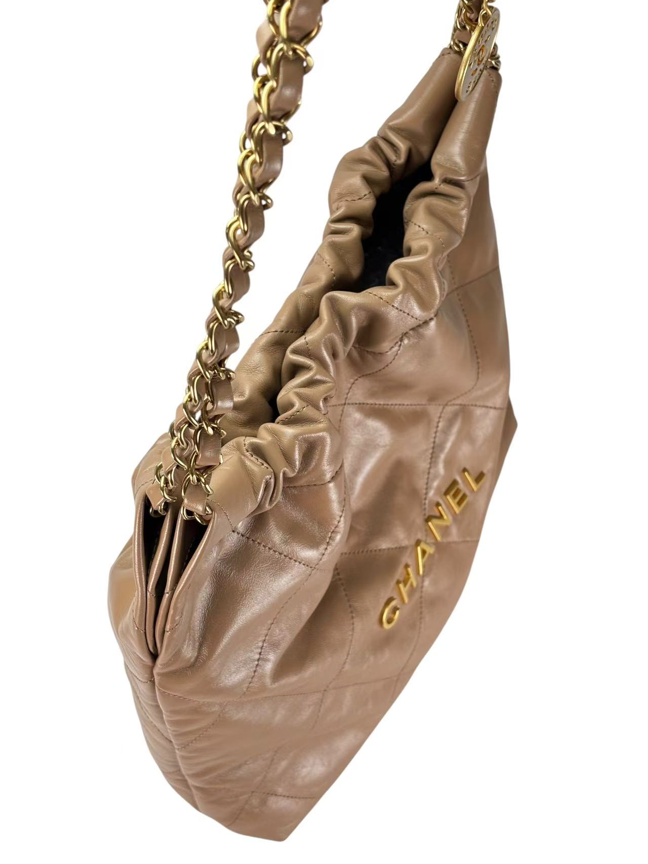 CHANEL - 22 Bag Dark Beige Calfskin Gold Hardware Small 
