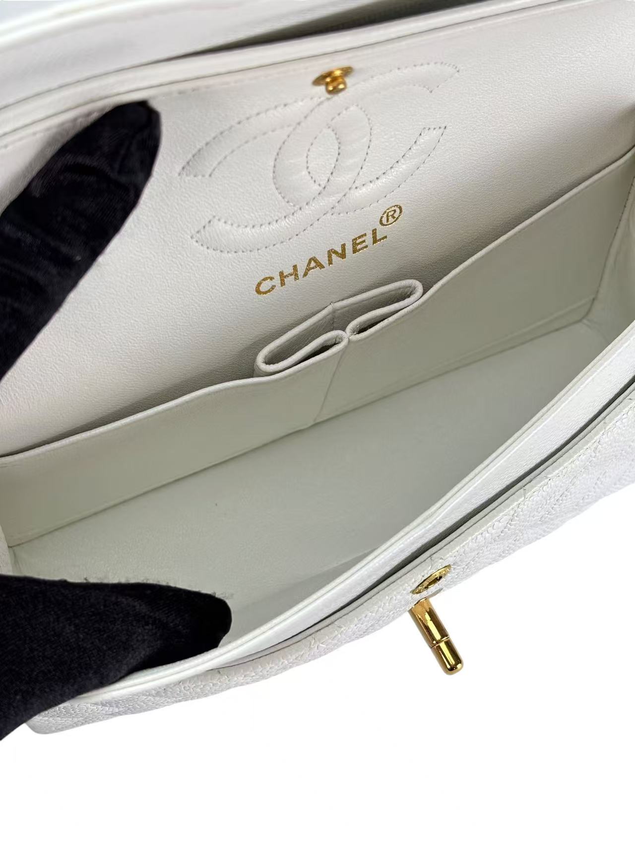 CHANEL - Double Face Small Classic Double Flap Bag White Caviar Gold Hardware (CF23)