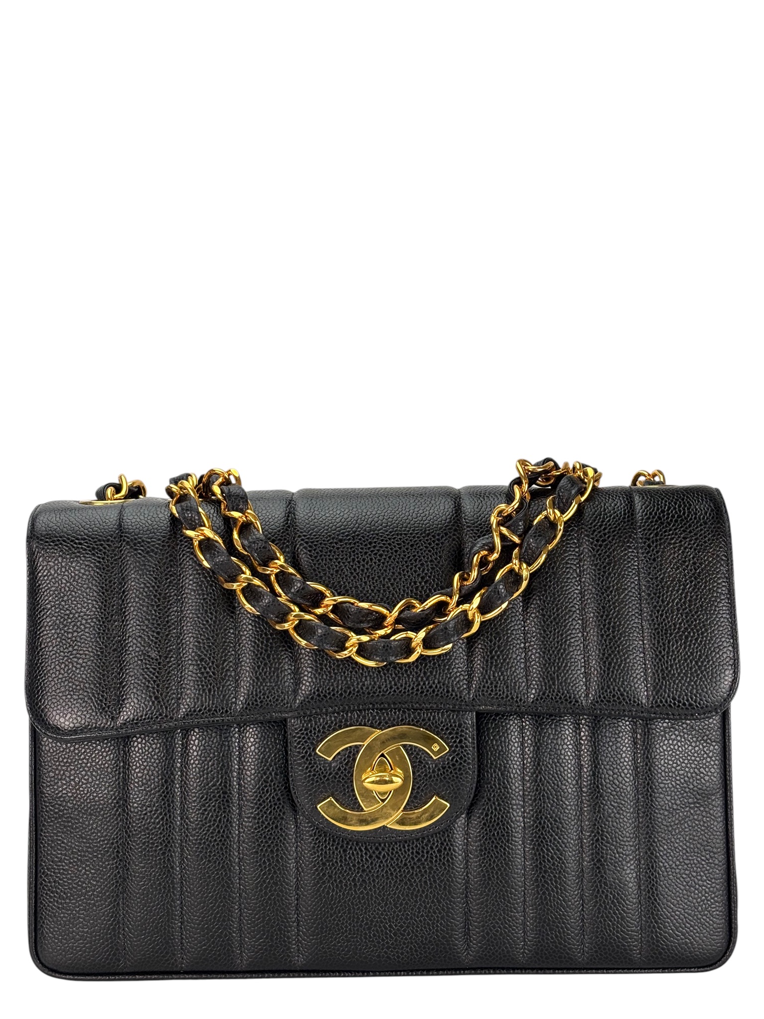 CHANEL - Black Caviar Jumbo Matelasse Flap Bag 30 Gold Hardware