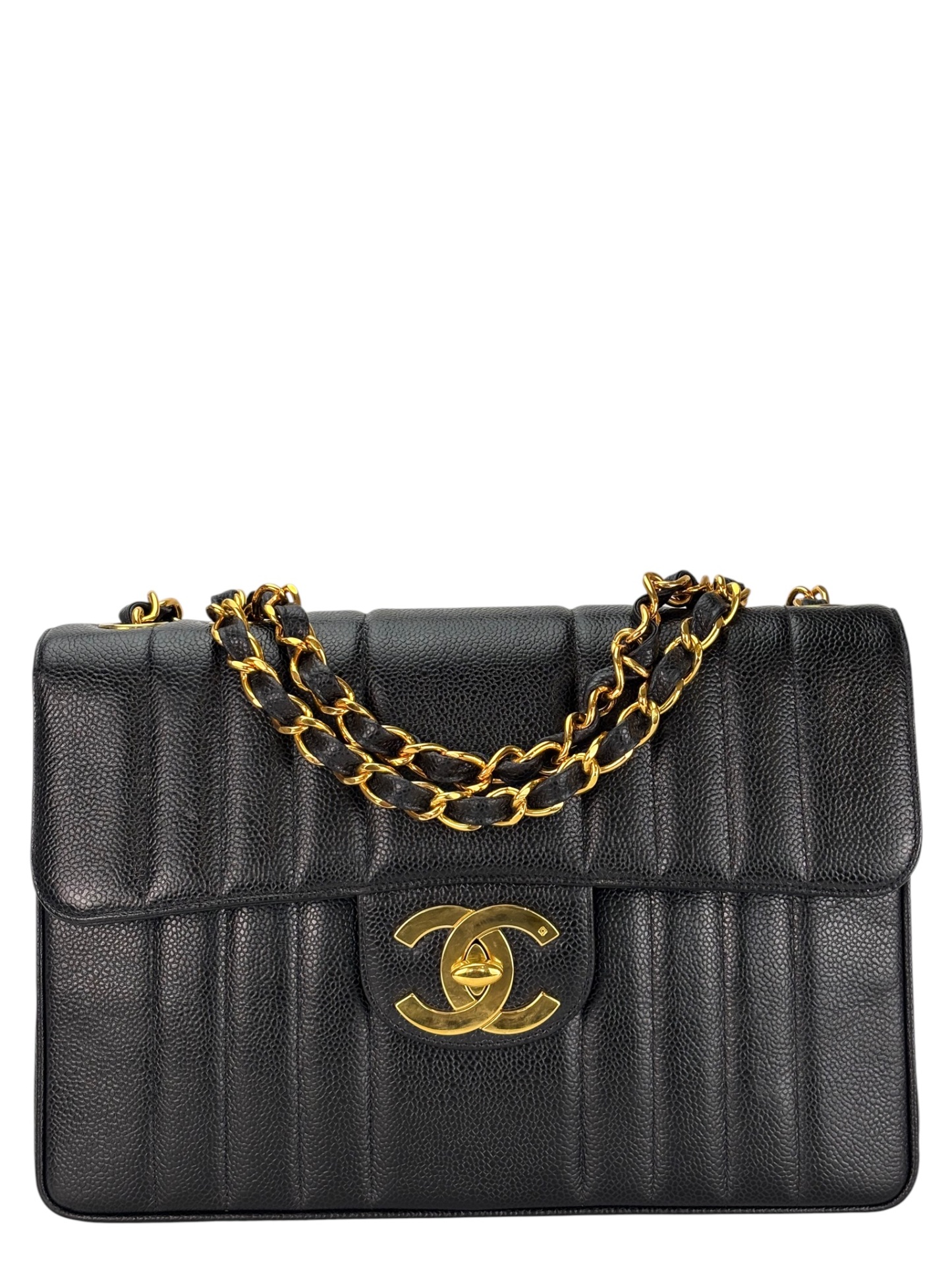 CHANEL - Black Caviar Jumbo Matelasse Flap Bag 30 Gold Hardware