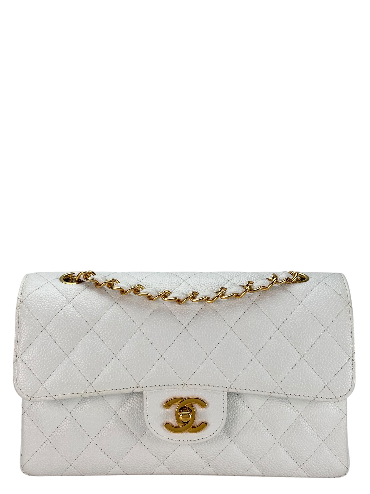 CHANEL - Double Face Small Classic Double Flap Bag White Caviar Gold Hardware (CF23)