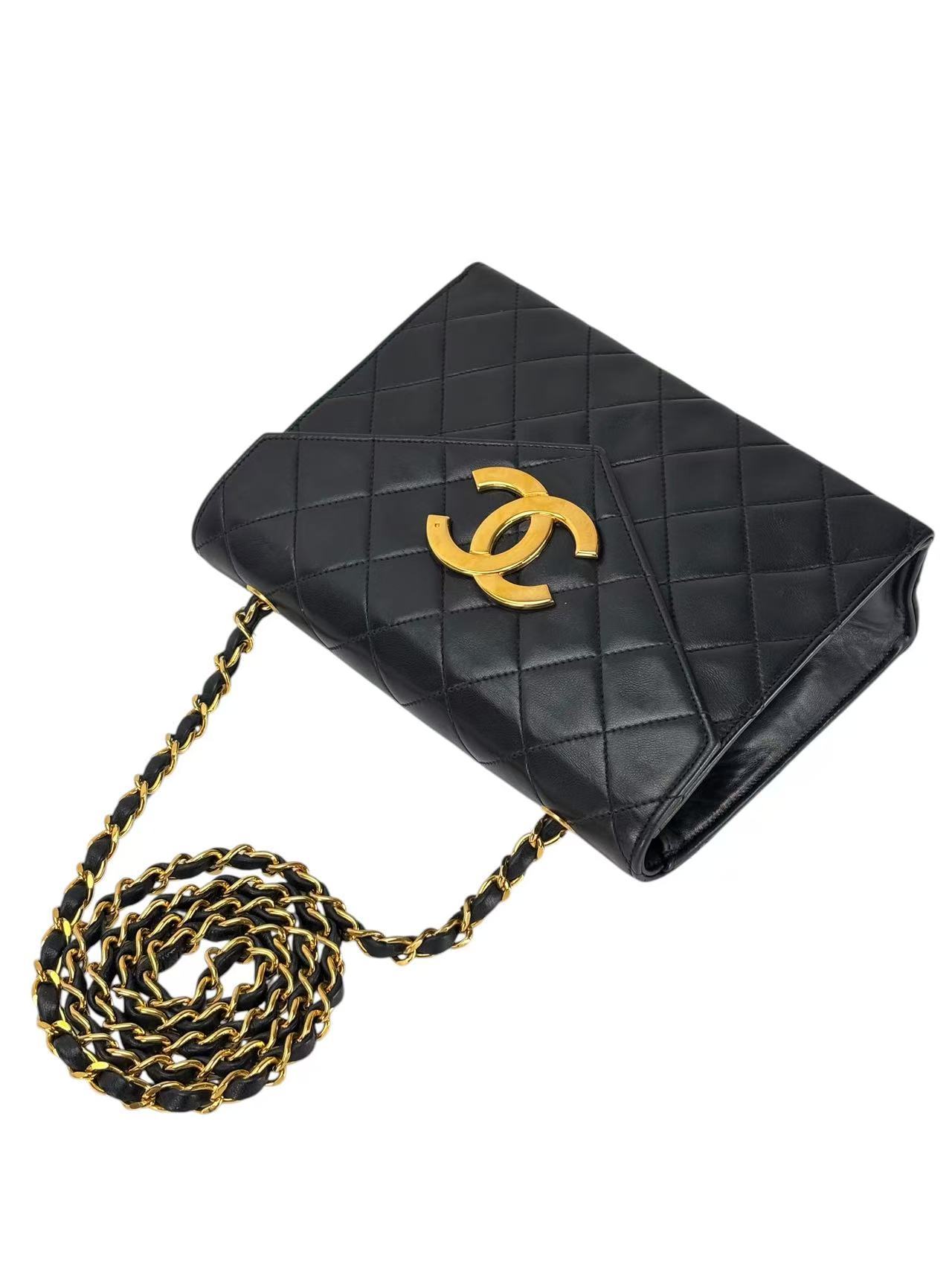 CHANEL - Big CC Logo Shoulder Bag Black Lambskin Gold Hardware
