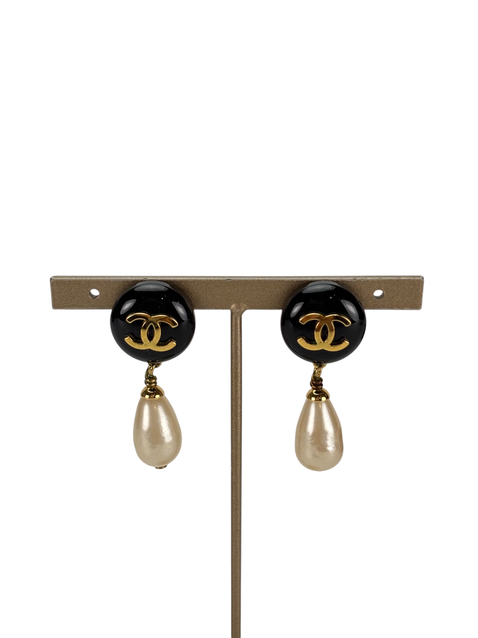 CHANEL - 94A Black CC Faux Pearl Drop Earrings