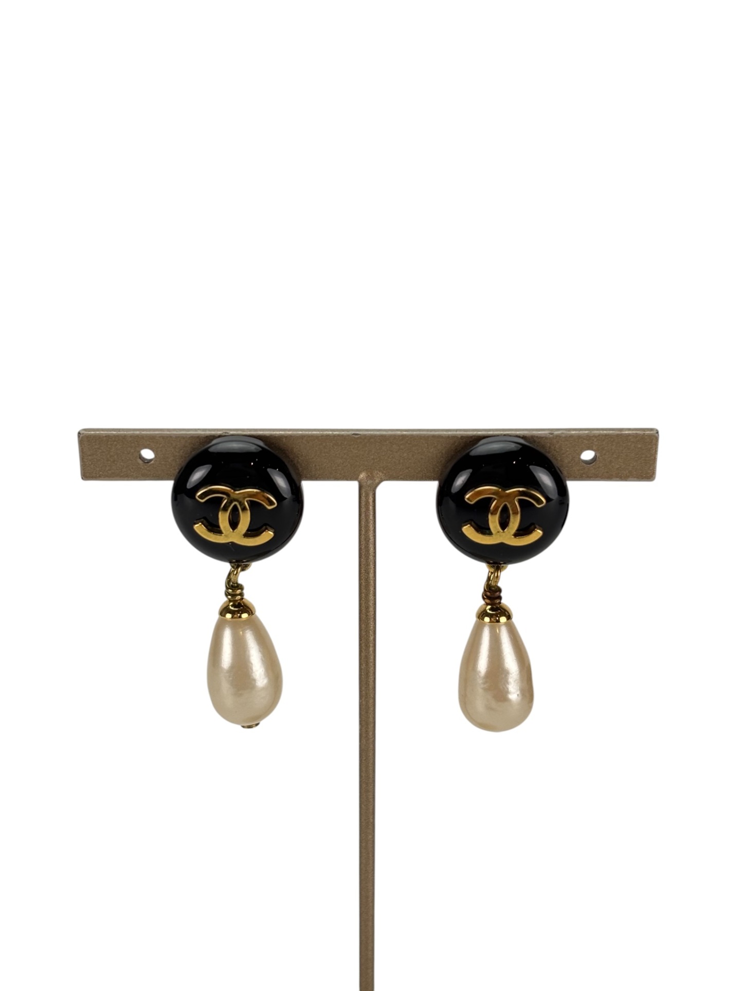 CHANEL - 94A Black CC Faux Pearl Drop Earrings