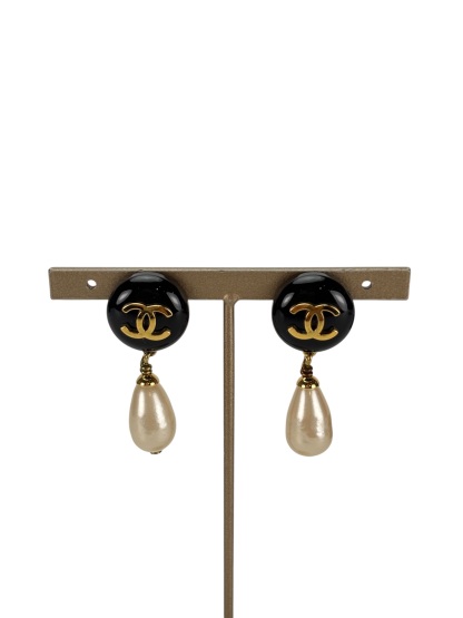 CHANEL - 94A Black CC Faux Pearl Drop Earrings