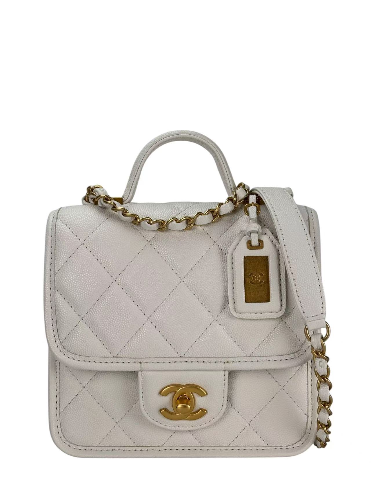 CHANEL - Caviar 2-Way Top Handle Bag White  Gold Hardware