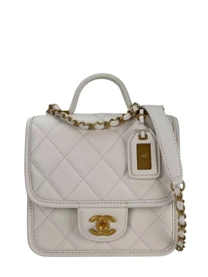 CHANEL - Caviar 2-Way Top Handle Bag White  Gold Hardware