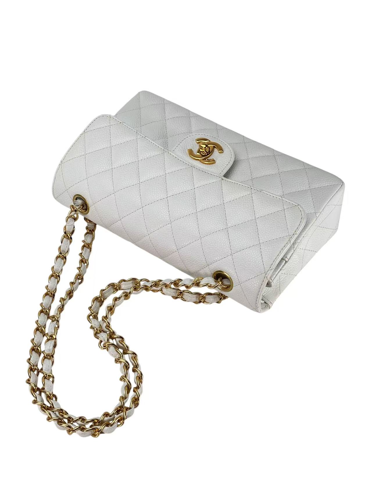 CHANEL - Double Face Small Classic Double Flap Bag White Caviar Gold Hardware (CF23)