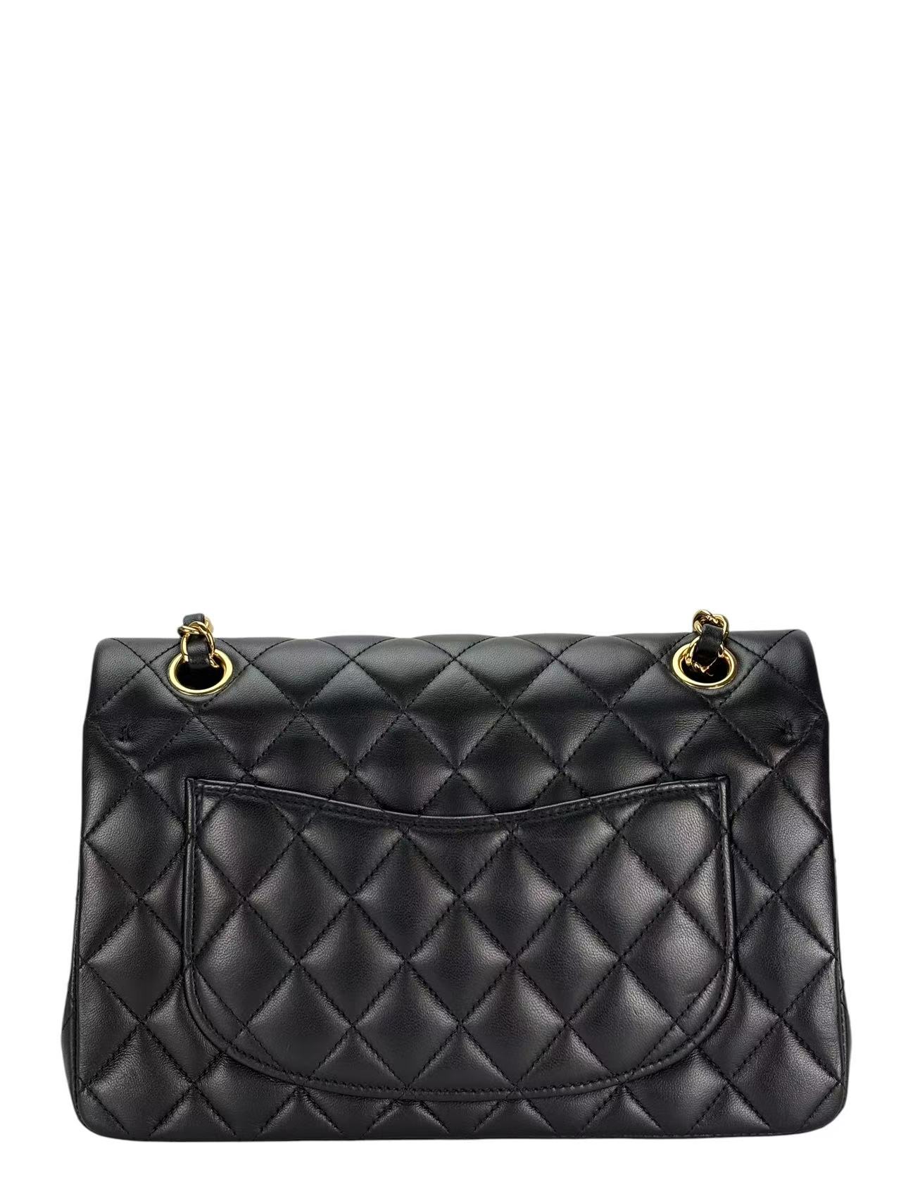CHANEL - Double Face Small Classic Double Flap Bag Black Lambskin Gold Hardware (CF23)