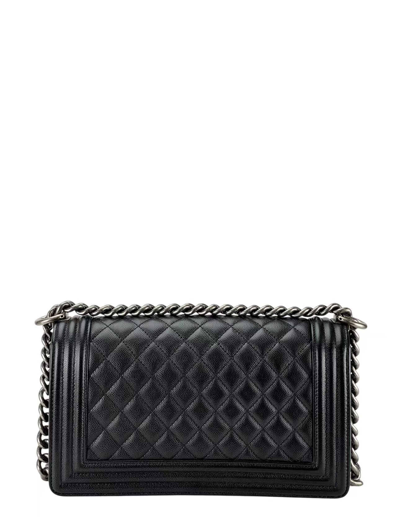 CHANEL - Medium Boy Flap Bag Black Caviar Metal Silver Hardware
