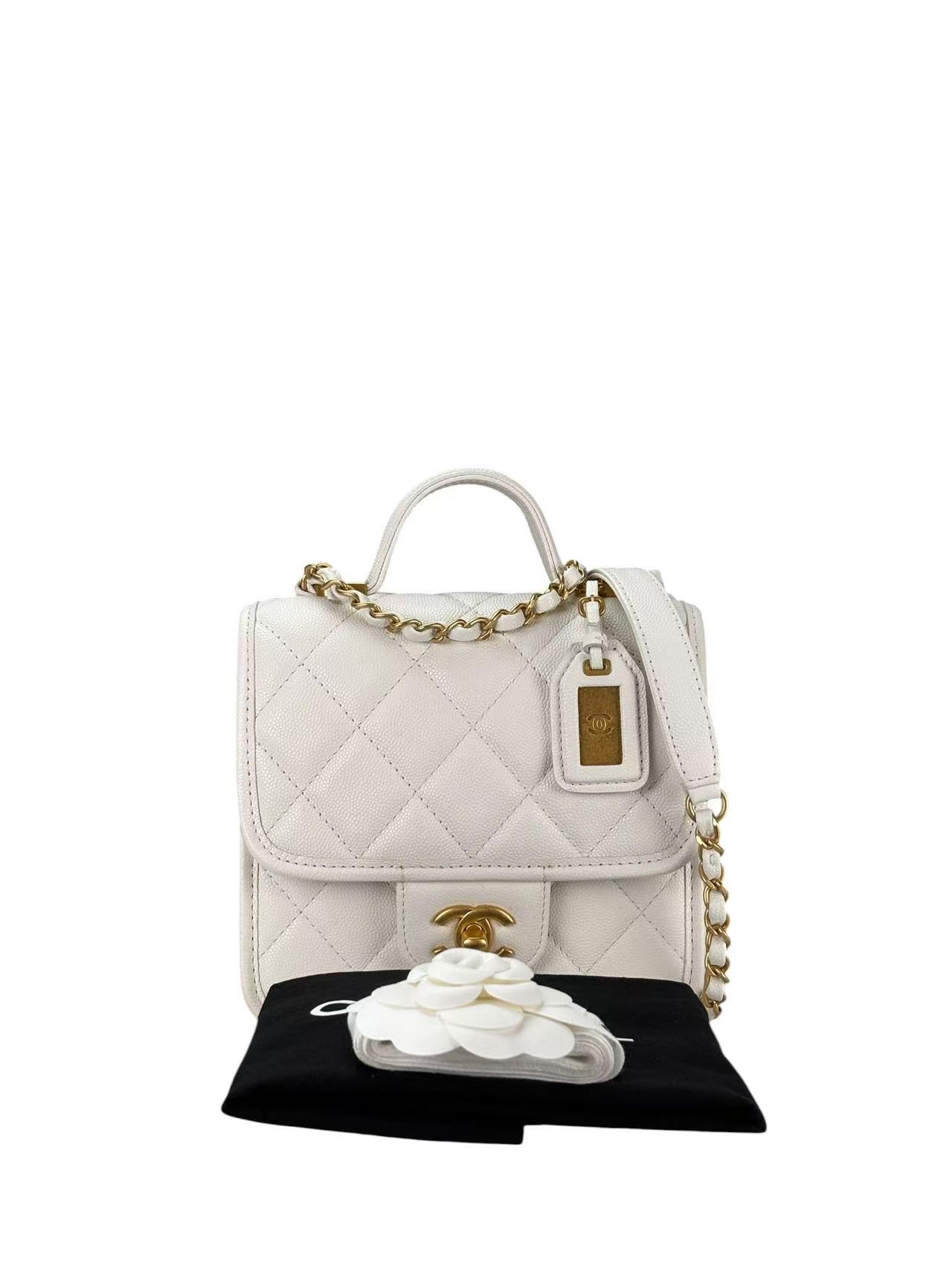 CHANEL - Caviar 2-Way Top Handle Bag White  Gold Hardware