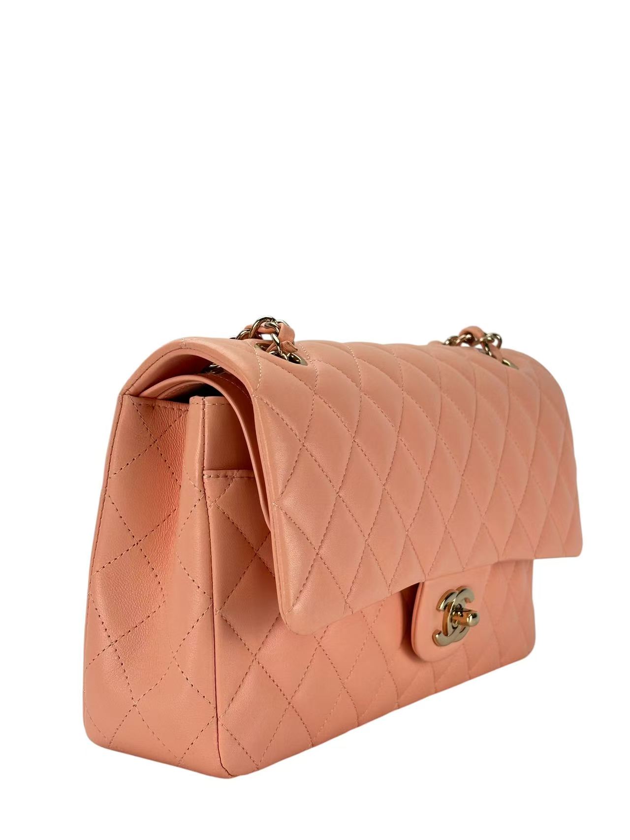CHANEL - Medium Classic Double Flap Bag Light Orange Lambskin Sliver Hardware (CF25)