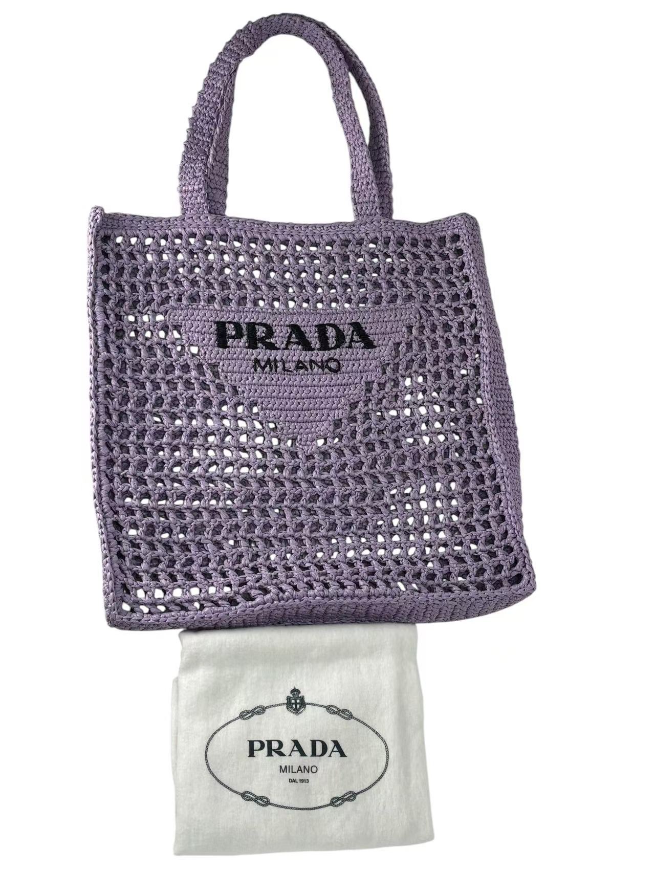 PRADA - Purple Raffia Yarn Effect Crochet Logo Embroidered Tote Bag Lilium