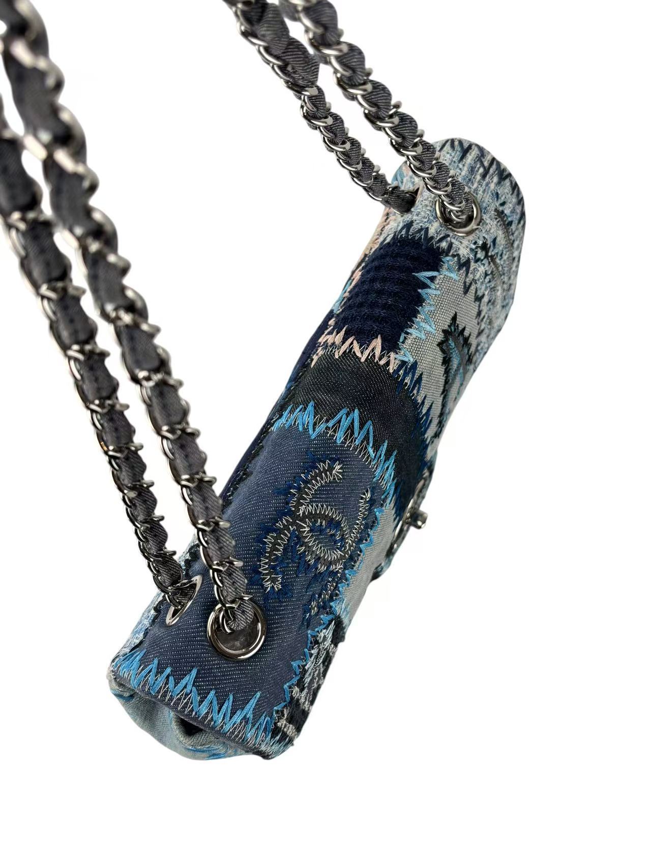 CHANEL - Blue Denim Patchwork Flap Bag Silver Hardware
