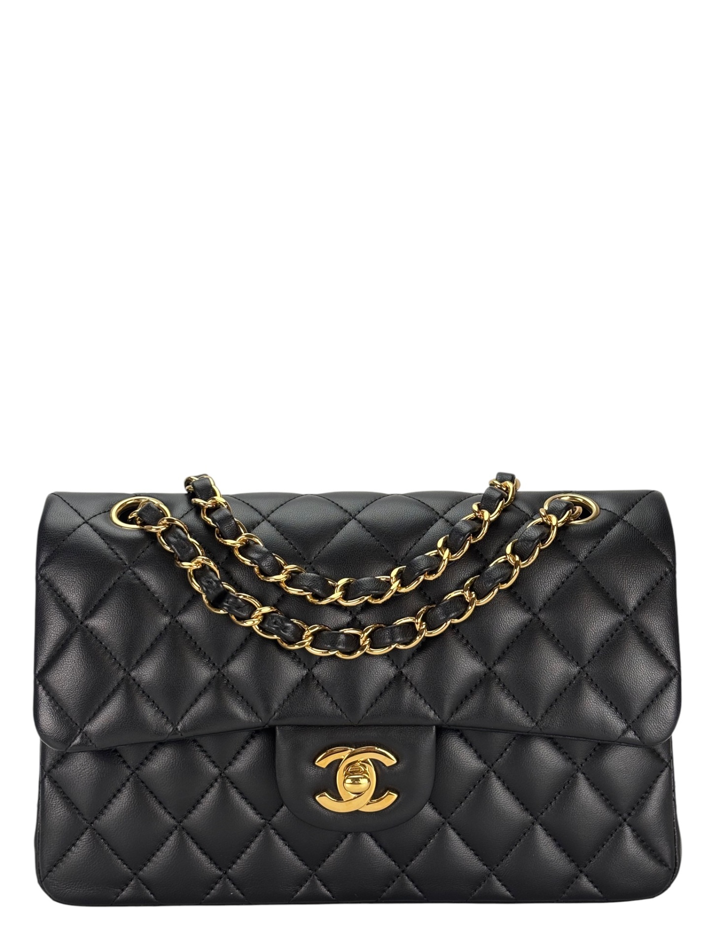 CHANEL - Double Face Small Classic Double Flap Bag Black Lambskin Gold Hardware (CF23)