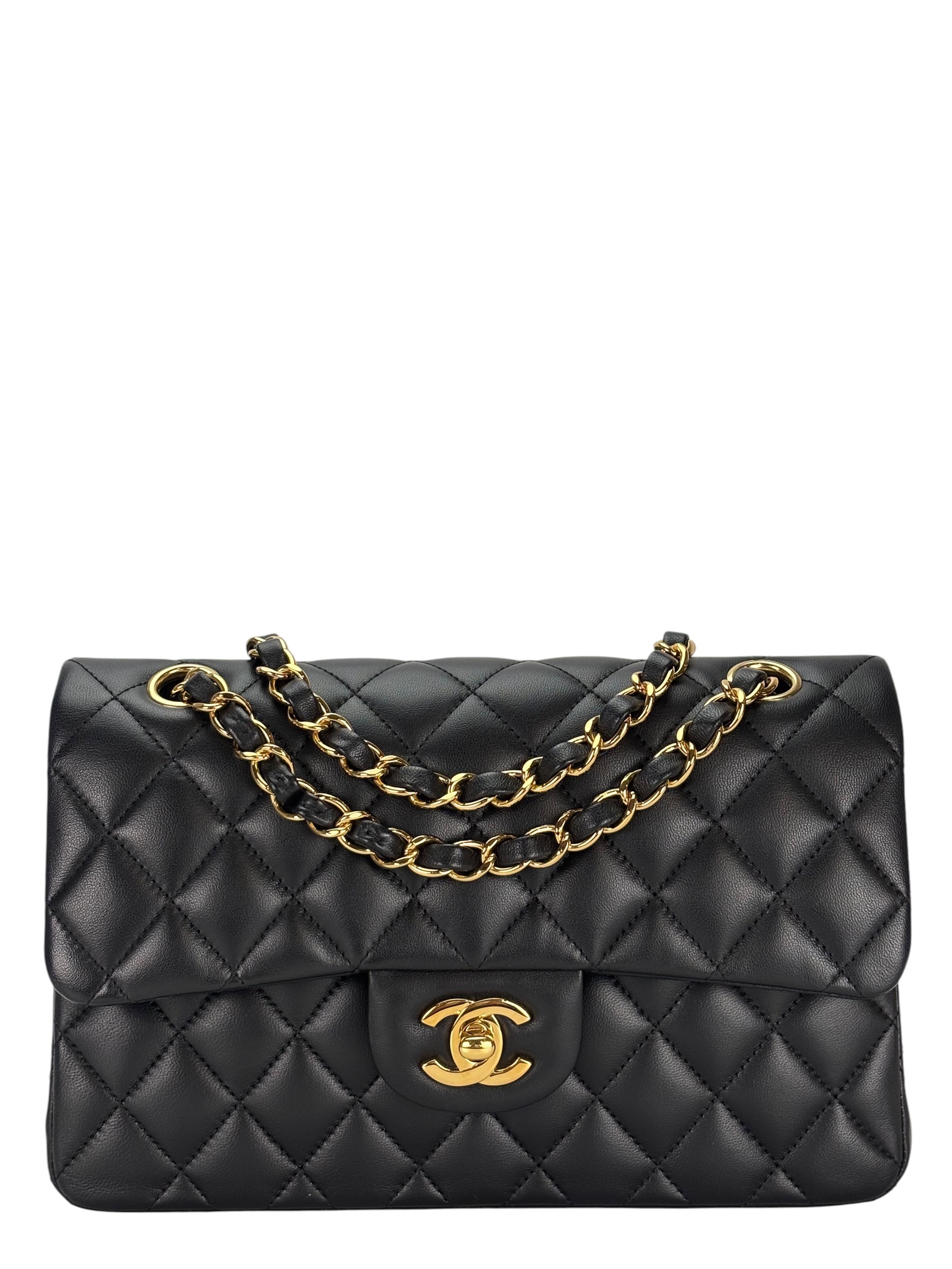 CHANEL - Double Face Small Classic Double Flap Bag Black Lambskin Gold Hardware (CF23)