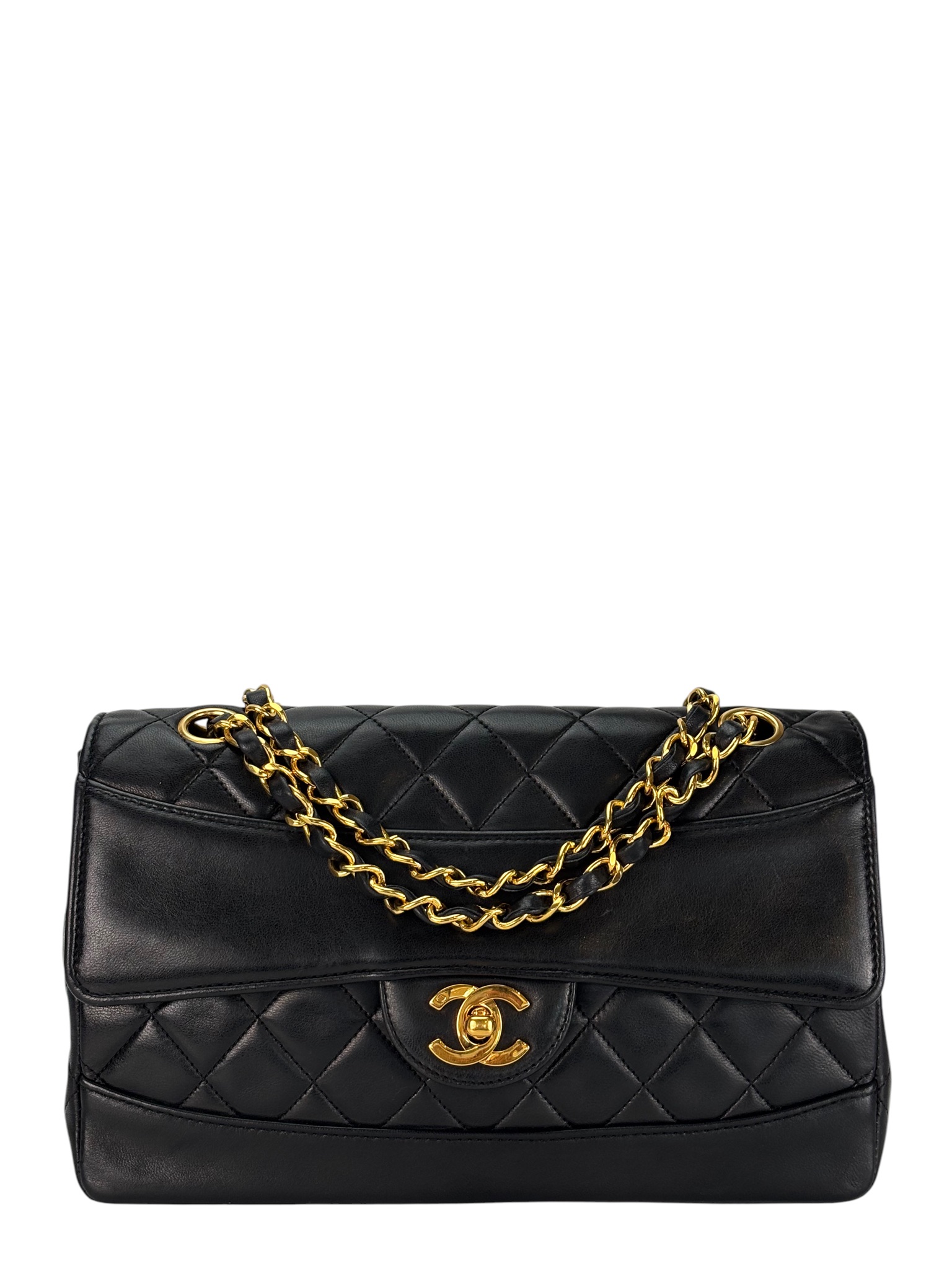 CHANEL - Black Lambskin Matelasse Pouch Attached Bag Gold Hardware