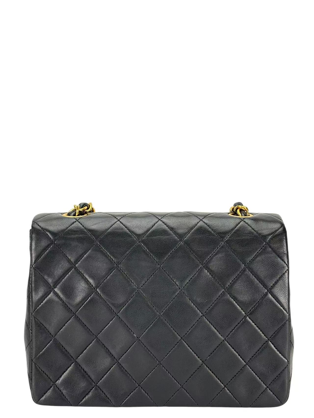 CHANEL - Black Lambskin Mini Classic Square Flap Shoulder Bag 20