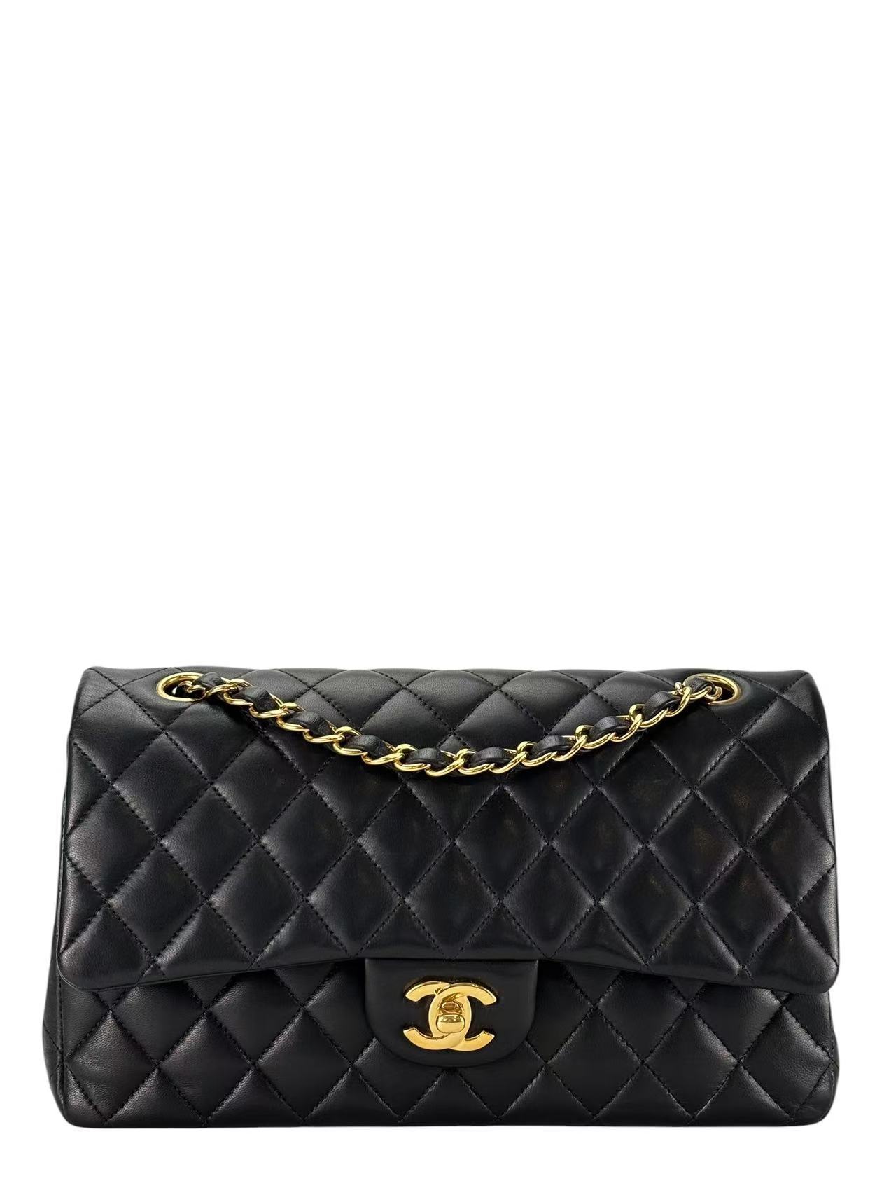 CHANEL - Medium Classic Double Flap Bag Black Lambskin Gold Hardware (CF25)