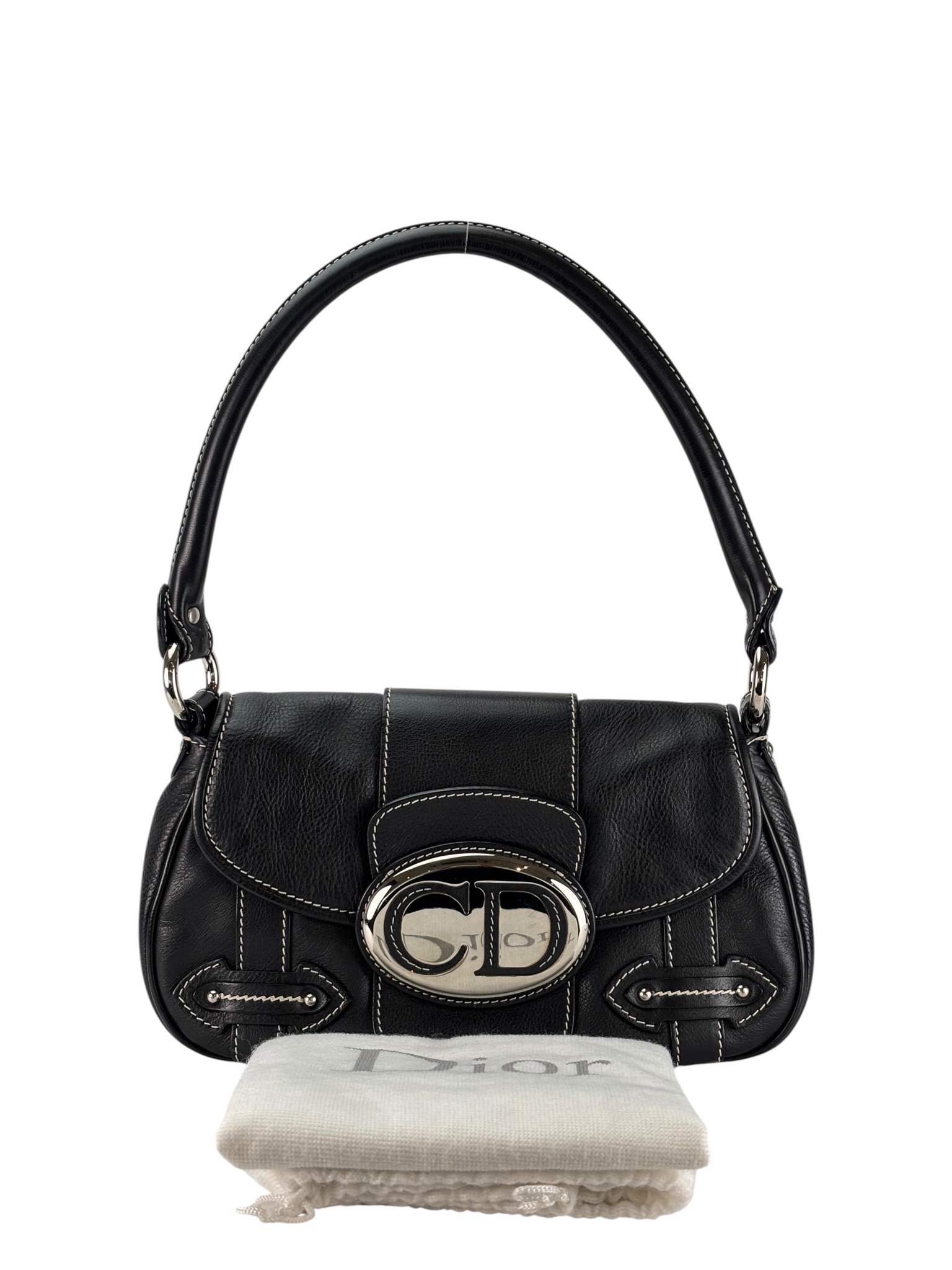 CHRISTIAN DIOR - Black Leather One Shoulder Bag Silver Hardware