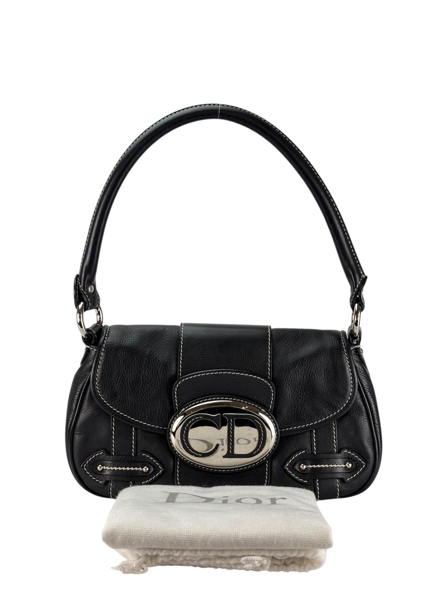 CHRISTIAN DIOR - Black Leather One Shoulder Bag Silver Hardware