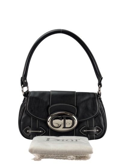 CHRISTIAN DIOR - Black Leather One Shoulder Bag Silver Hardware
