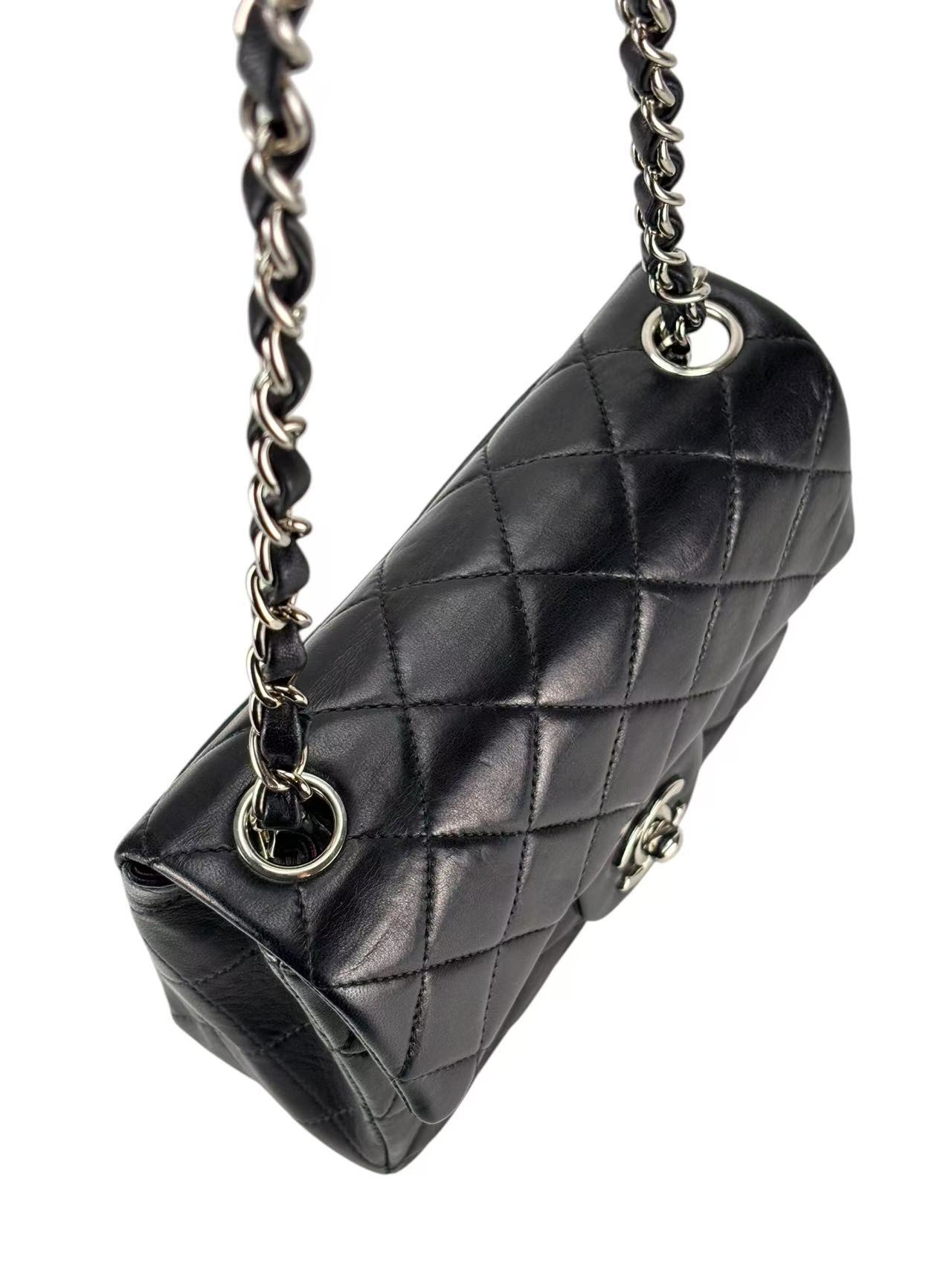 CHANEL - Mini Flap Bag  Black Lambskin Silver Hardware