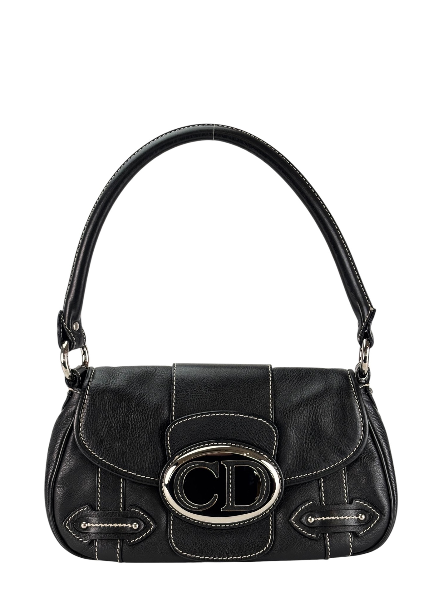 CHRISTIAN DIOR - Black Leather One Shoulder Bag Silver Hardware