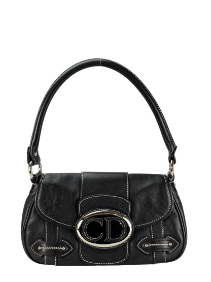 CHRISTIAN DIOR - Black Leather One Shoulder Bag Silver Hardware