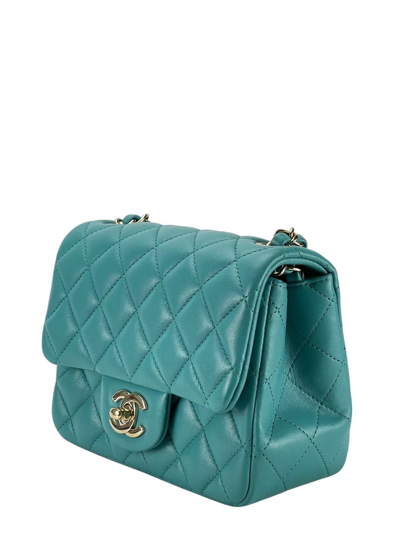 CHANEL - Green Lambskin Mini Classic Square Flap Shoulder Bag 17